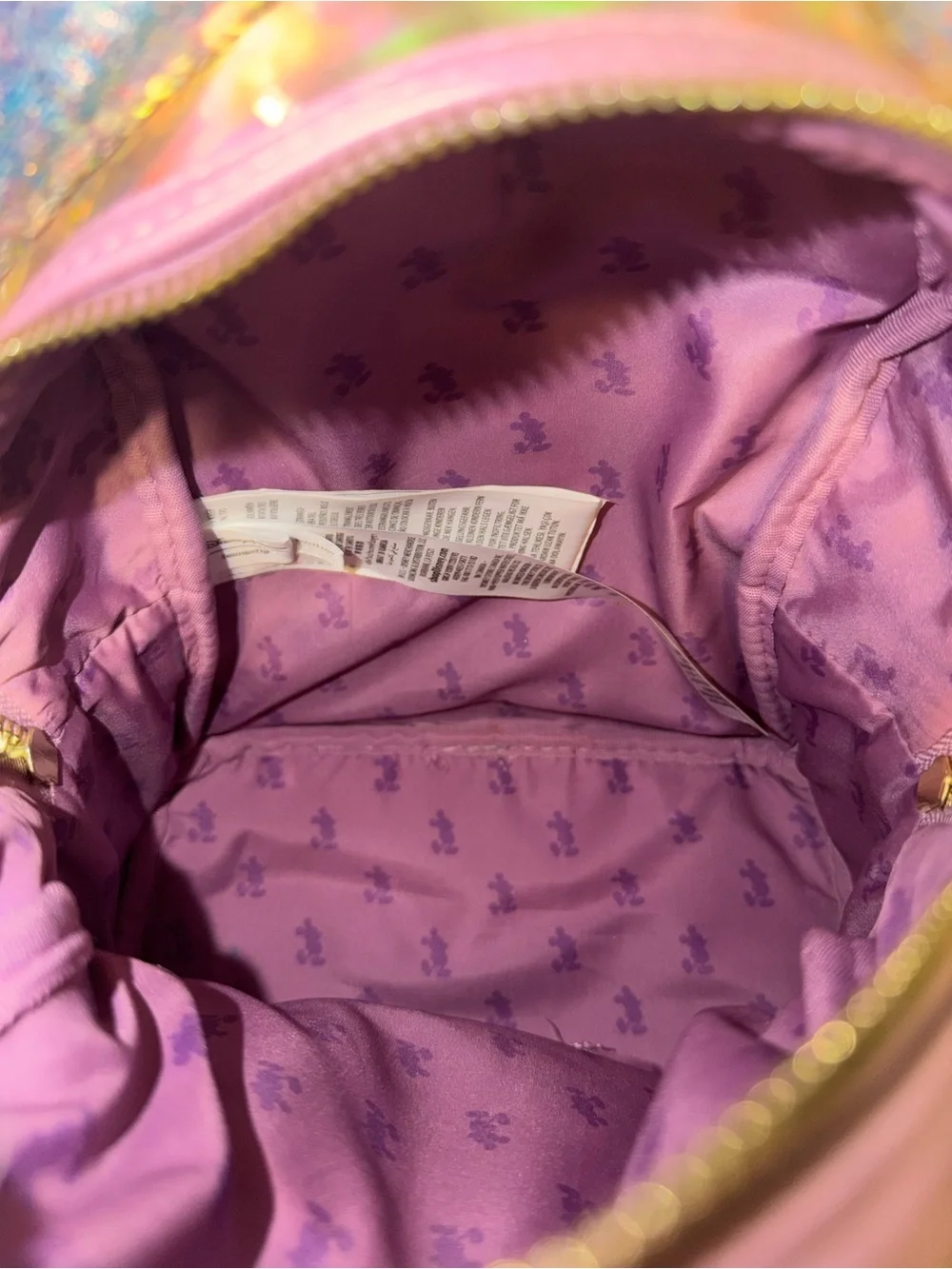 Loungefly Disney Parks Iridescent Pink Holographic Mini Backpack with Sequin Bow